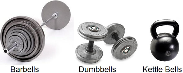 Free weights barbells dumbbells kettle bells